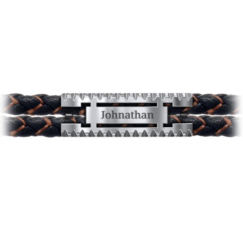 Men’s Engravable Black Leather & Brown Silk Bracelet with Polished Plate