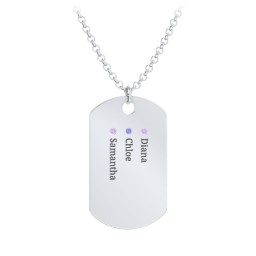 Men's Engravable Dog Tag Necklace with 3 Birthstones in 925 Sterling Silver with Amethyst and Blue Sapphire