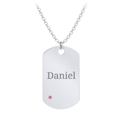 Men's Engravable Dog Tag Necklace With Accent – Sterling Silver with Ruby