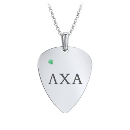 Men's Engravable Guitar Pick Fraternity Necklace with Gemstone in 925 Sterling Silver with Emerald