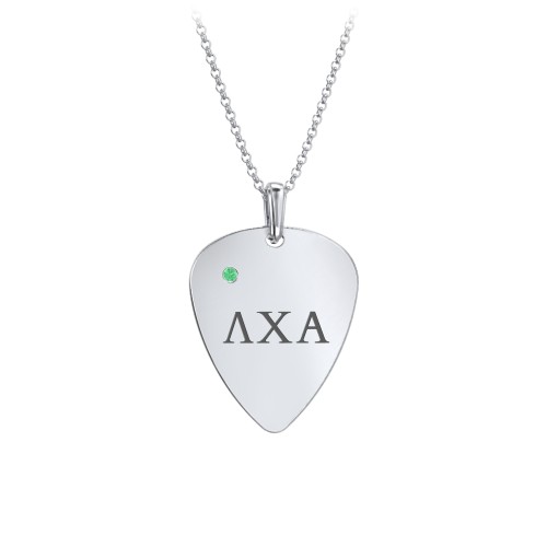 Men's Engravable Guitar Pick Fraternity Necklace with Gemstone – Sterling Silver with Emerald
