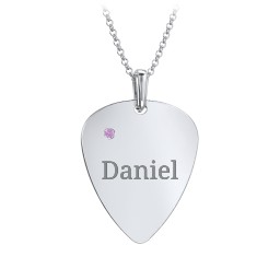 Men's Engravable Guitar Pick Necklace with Gemstone in 925 Sterling Silver with Amethyst