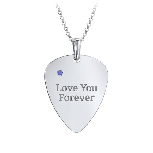 Men's Engravable Guitar Pick Necklace with Gemstone – Sterling Silver with Blue Sapphire