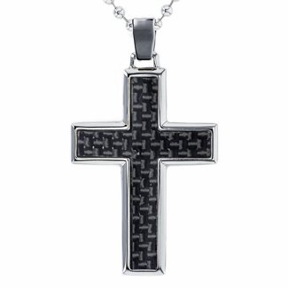 Engravable Stainless Steel Cross Necklace With Carbon Fibre Inlay