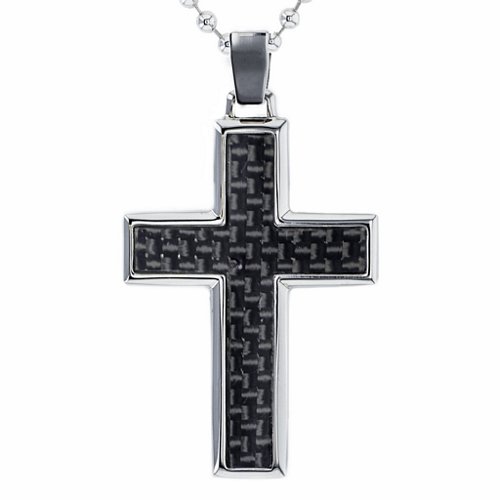Engravable Stainless Steel Cross Necklace With Carbon Fibre Inlay – Stainless Steel