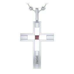 Men’s Engravable Cut-out Silver Cross Pendant in 925 Sterling Silver with Ruby