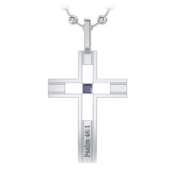 Men’s Engravable Cut-out Silver Cross Pendant in 925 Sterling Silver with Blue Sapphire
