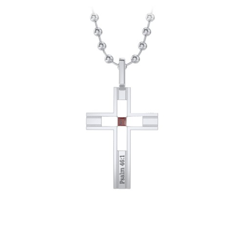Men’s Engravable Cut-out Silver Cross Pendant – Sterling Silver with Garnet