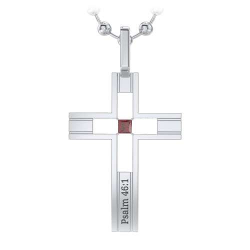 Men’s Engravable Cut-out Silver Cross Pendant – Sterling Silver with Garnet