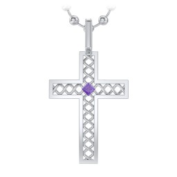 Men’s Silver Geometric Cross Pendant with Birthstone