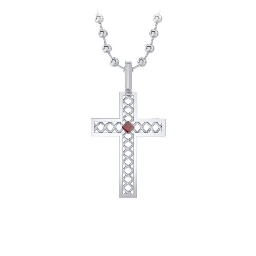 Men’s Silver Geometric Cross Pendant with Birthstone