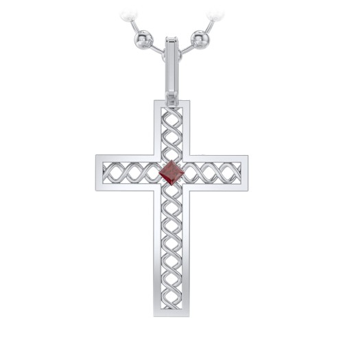 Men’s Silver Geometric Cross Pendant with Birthstone