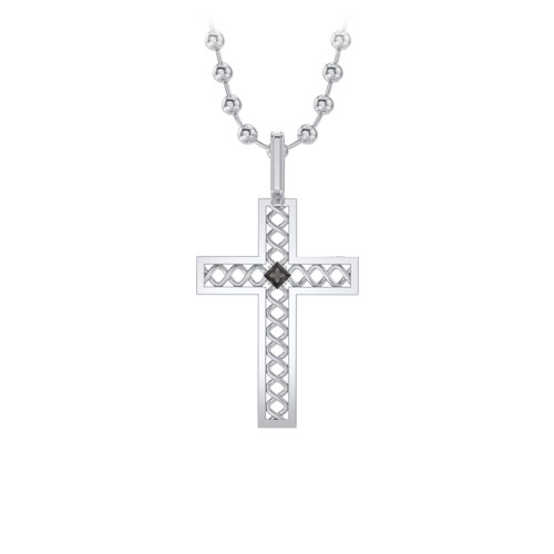 Men’s Silver Geometric Cross Pendant with Birthstone – Sterling Silver with Smokey Quartz