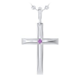 Men’s Beveled Silver Cross Pendant with Birthstone