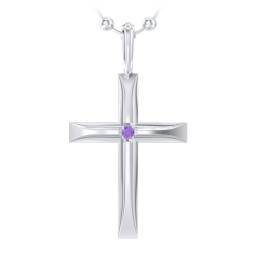 Men’s Beveled Silver Cross Pendant with Birthstone