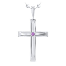 Men’s Beveled Silver Cross Pendant with Birthstone in 925 Sterling Silver with Amethyst