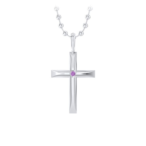 Men’s Beveled Silver Cross Pendant with Birthstone – Sterling Silver with Amethyst