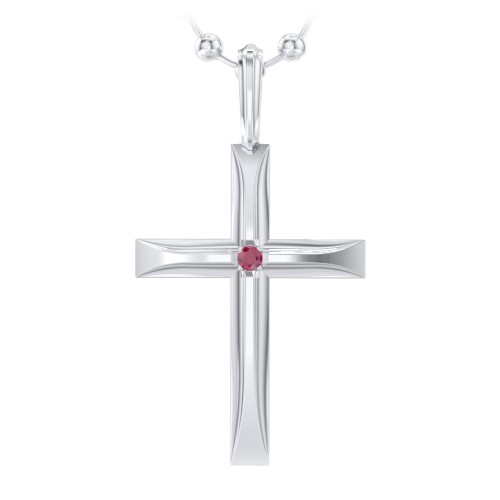 Men’s Beveled Silver Cross Pendant with Birthstone – Sterling Silver with Ruby