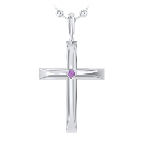 Men’s Beveled Silver Cross Pendant with Birthstone – Sterling Silver with Amethyst