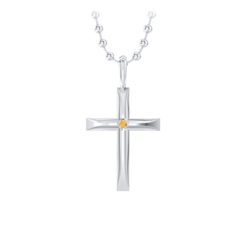 Men’s Beveled Silver Cross Pendant with Birthstone – Sterling Silver with Citrine