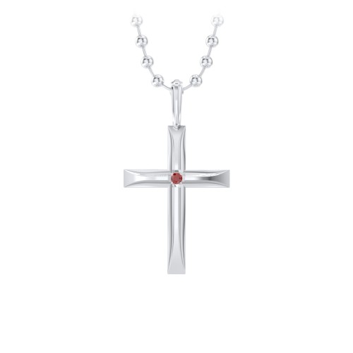 Men’s Beveled Silver Cross Pendant with Birthstone – Sterling Silver with Garnet