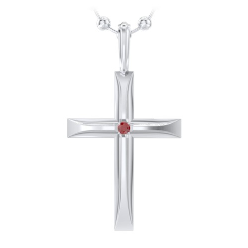 Men’s Beveled Silver Cross Pendant with Birthstone – Sterling Silver with Garnet