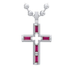 Men’s Baguette Birthstone Cross Pendant in 925 Sterling Silver with Ruby