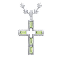 Men’s Baguette Birthstone Cross Pendant in 925 Sterling Silver with Peridot