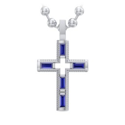 Men’s Baguette Birthstone Cross Pendant in 925 Sterling Silver with Blue Sapphire