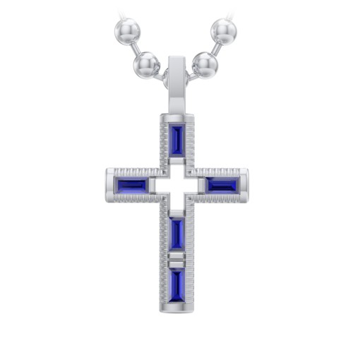 Men’s Baguette Birthstone Cross Pendant – Sterling Silver with Blue Sapphire