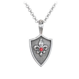 Men's Fleur-de-lis Hero Shield Pendant with Gemstone in 925 Sterling Silver with Garnet