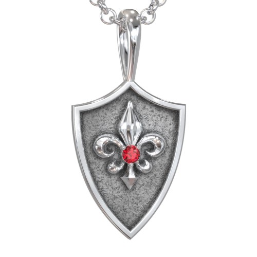 Men's Fleur-de-lis Hero Shield Pendant with Gemstone – Sterling Silver with Garnet