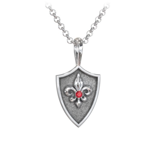 Men's Fleur-de-lis Hero Shield Pendant with Gemstone – Sterling Silver with Garnet