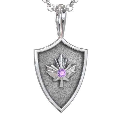 Men's Maple Leaf Hero Shield Pendant with Gemstone – Sterling Silver with Amethyst