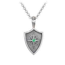 Men's Compass Hero Shield Pendant with Gemstone in 925 Sterling Silver with Emerald