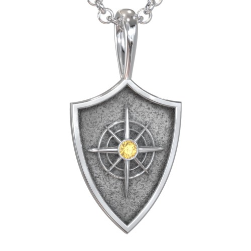 Men's Compass Hero Shield Pendant with Gemstone – Sterling Silver with Citrine