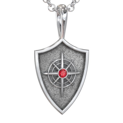 Men's Compass Hero Shield Pendant with Gemstone – Sterling Silver with Garnet