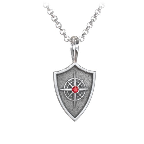 Men's Compass Hero Shield Pendant with Gemstone – Sterling Silver with Garnet