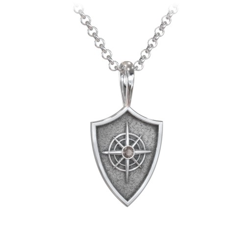 Men's Compass Hero Shield Pendant with Gemstone – Sterling Silver with Smokey Quartz