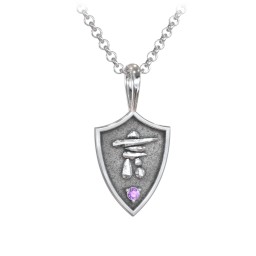 Men's Inukshuk Hero Shield Pendant with Gemstone in 925 Sterling Silver with Amethyst