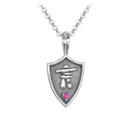Men's Inukshuk Hero Shield Pendant with Gemstone in 925 Sterling Silver with Ruby