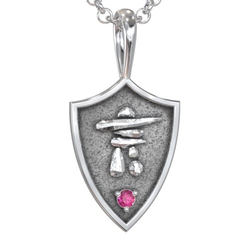 Men's Inukshuk Hero Shield Pendant with Gemstone – Sterling Silver with Ruby