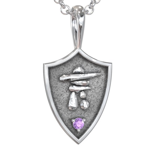 Men's Inukshuk Hero Shield Pendant with Gemstone – Sterling Silver with Amethyst