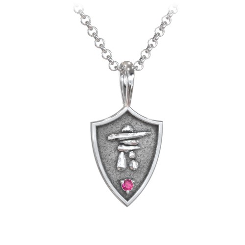 Men's Inukshuk Hero Shield Pendant with Gemstone – Sterling Silver with Ruby