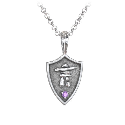 Men's Inukshuk Hero Shield Pendant with Gemstone – Sterling Silver with Amethyst