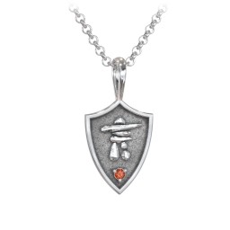 Men's Inukshuk Hero Shield Pendant with Gemstone in 925 Sterling Silver with Garnet