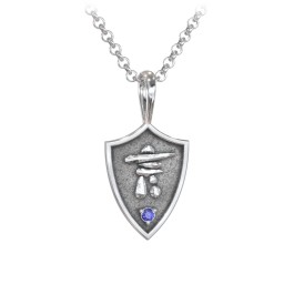 Men's Inukshuk Hero Shield Pendant with Gemstone in 925 Sterling Silver with Blue Sapphire