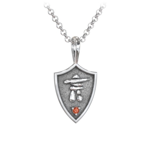 Men's Inukshuk Hero Shield Pendant with Gemstone – Sterling Silver with Garnet