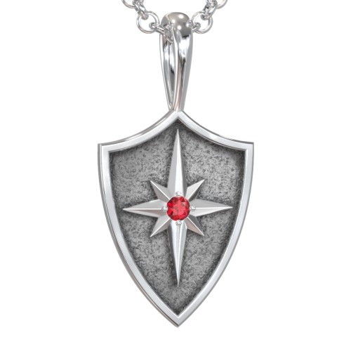 Men's Starburst Hero Shield Pendant with Gemstone – Sterling Silver with Garnet