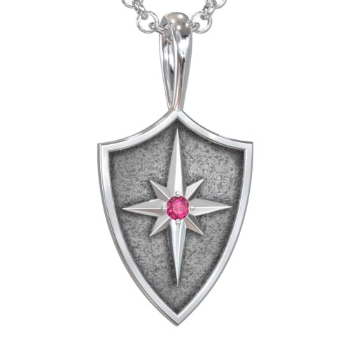 Men's Starburst Hero Shield Pendant with Gemstone – Sterling Silver with Ruby